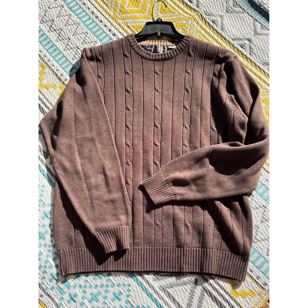 Oscar de la Renta Mens XL Brown Cable Knit Crewneck Cotton Blend Sweater